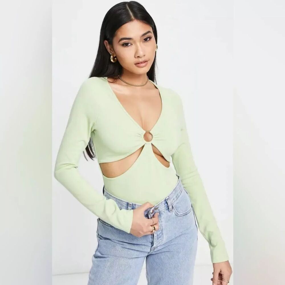 TOPSHOP O-ring Cutout Long Sleeve Bodysuit US 8-10 (UK M) Light Green NEW B21